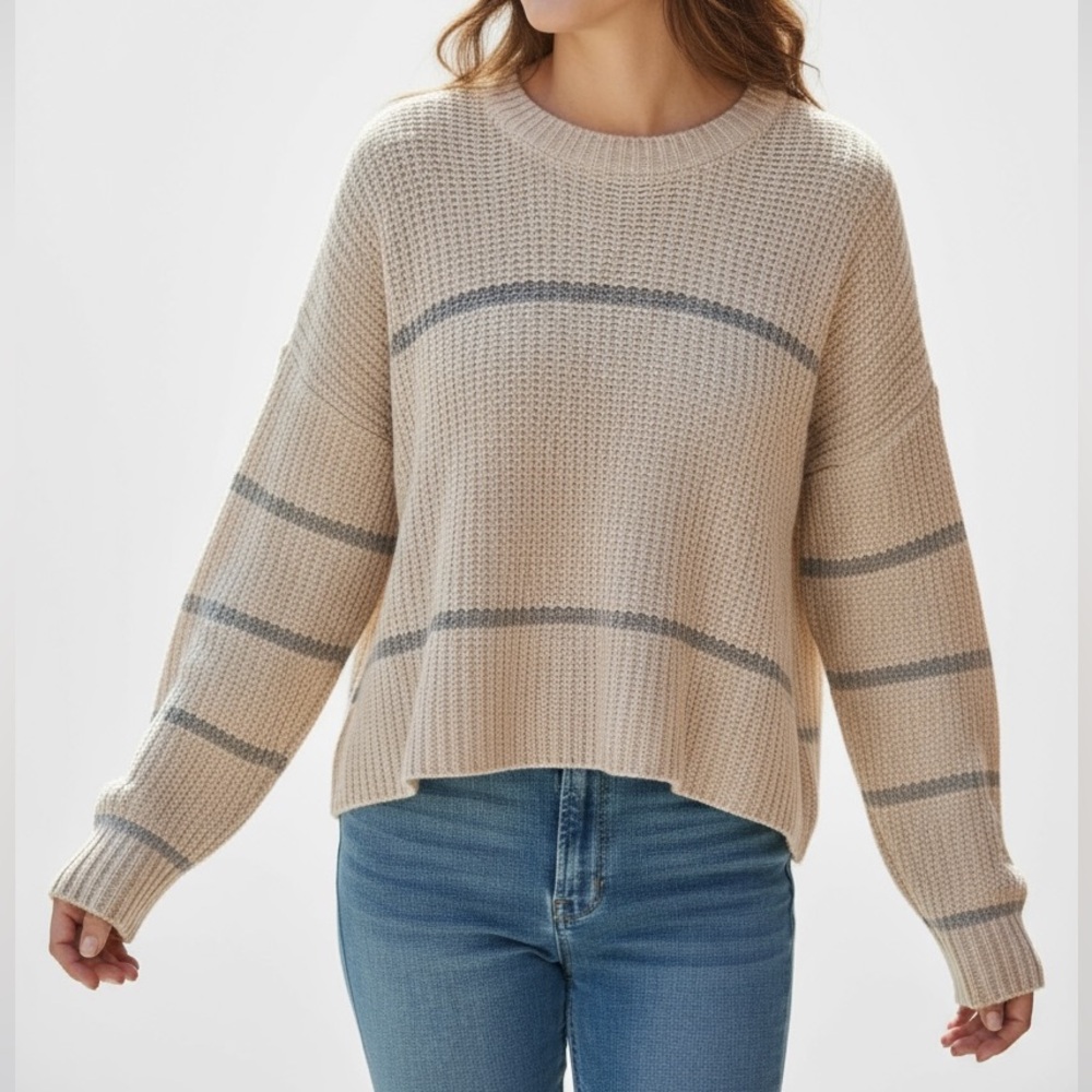 Anthropologie Moon & Madison Beige Sage Stripe Chunky Knit Sweater Large
